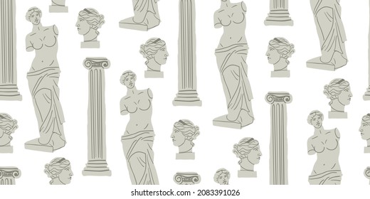 Diseño clásico con antigua columna de orden iónico y estatuas de Venus Milos. Patrón de vectores sin fisuras en el estilo de caricatura de doodle. Patrón de museo para adultos y niños