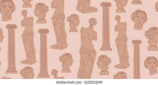 Classical design with ancient ionic order column and Venus Milos statues. Vector seamless pattern in doodle cartoon style. Museum pattern for adults and kids