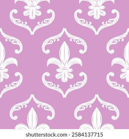 Classical Detailed of Flourish Lily Damask Ornament with White Silk Weaves on Pastel Lilac Background. Gentle Elaborate Scroll Seamless Pattern for Fabrics Wallpaper Scarf Handkerchief Men Attire Lace