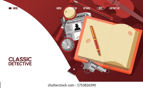 Classical detective landing banner, sherlock holmes result vector illustration. Webpage stories library about famous detective. Notebook with fountain, revolver, magnifier and clock on table.