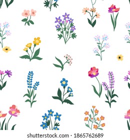 Classical ditsy print on white background. Seamless vector pattern in repeat. Vintage print with small inflorescences. Retro textile collection.