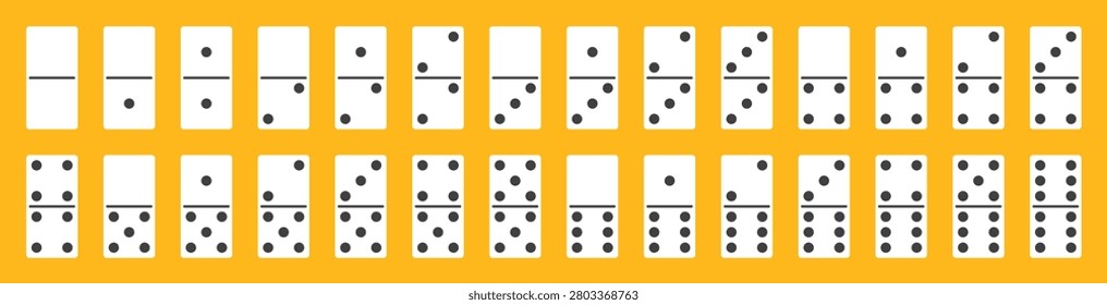 classical domino 28 bones full set, 2 rows by 14 white stones with black dots, mobile app or web page online game design element template