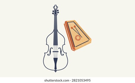 Classical double bass and traditional hammered dulcimer are displayed side by side against a clean minimalist light background.
