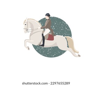 Classical dressage. A rider on a horse demonstrates a jump over the ground