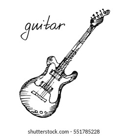 Classical Electric Guitar. Hand Drawn Musical Instrument. Sketch. Vector Illustration.