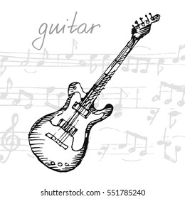 Classical Electric Guitar. Hand Drawn Musical Instrument. Sketch. Vector Illustration.