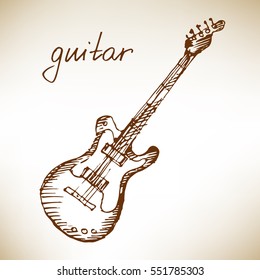 Classical electric guitar. Hand drawn musical instrument. Sketch. Vector illustration.