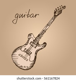 Classical electric guitar. Hand drawn musical instrument. Sketch. Vector illustration.