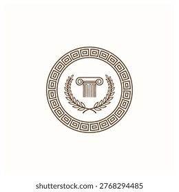 Classical emblem featuring an Ionic column capital framed by a laurel wreath and decorative Greek-key border. Ideal for law, justice, education, heritage, architectural or institutional branding.