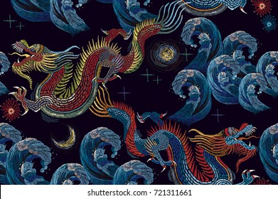 Classical embroidery asian sea dragons and sea seamless pattern. Clothes, textile design template 