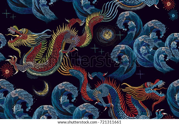Classical embroidery asian sea\
dragons and sea seamless pattern. Clothes, textile design template\

