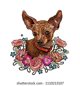 Classical embroidery, dog and bouquet of flowers, roses, poppies, violets. Embroidery dog and flowers. Chihuahua dog, vector art 