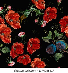 Classical embroidery grapes and red poppies flowers. Spring template fashionable clothes, t-shirt design tapestry 