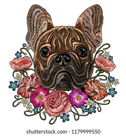 Classical embroidery head bulldog, rose, peonies, fashionable design for clothes, t-shirt design. Embroidery french bulldog and beautiful bouquet of flowers on a white background 