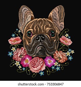 Classical embroidery head bulldog, rose, peonies, fashionable design for clothes, t-shirt design. Embroidery french bulldog and beautiful bouquet of flowers 