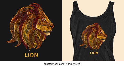 Classical embroidery head of a lion. King of beasts. Trendy apparel design. Template for fashionable clothes, modern print for t-shirts, apparel art