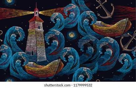 Classical embroidery impressionism style lighthouse and storm in ocean seamless background. Embroidery lighthouse boat, sea waves seamless pattern. Template for clothes, textiles, t-shirt design 