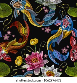 Classical embroidery koi carp, pink and white lotuses and water lilies, template fashionable clothes, t-shirt design. Embroidery koi fish and water lily seamless pattern, japanese pattern 