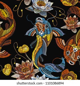 Classical embroidery koi carp, pink and white lotuses and water lilies, vintage template clothes, t-shirt design, japanese pattern 