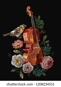Classical embroidery musical violin, titmouse, buds of flowers roses. Fashion music art, template for clothes, t-shirt design art 