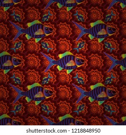 Classical embroidery, orange, red and brown colors. T-shirt design. Embroidery vintage fish, water seamless pattern, japanese pattern. Vector illustration.