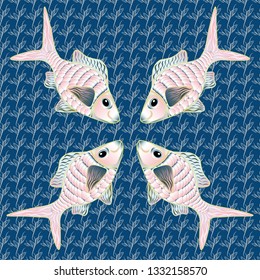 Classical embroidery, pink, brown and blue colors. Vector illustration. T-shirt design. Embroidery vintage fish, water seamless pattern, japanese pattern.