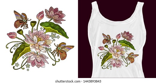 Classical embroidery pink lotuses, tropical butterfly, water lily. Trendy apparel design. Template for fashionable clothes, modern print for t-shirts, apparel art