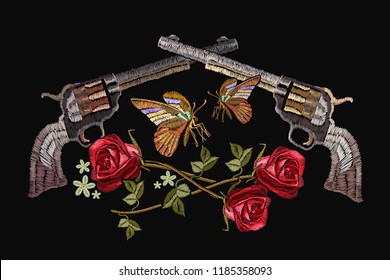 Classical embroidery revolvers and spring roses and tropical butterfly. Symbol of romanticism and crime. Embroidery crossed guns, butterfly and roses. Template for clothes, textiles, t-shirt design