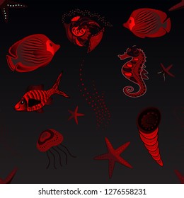 Classical embroidery seamless pattern of tropical sea, fishes. Fashionable template for design of clothes in red, black and gray colors. Embroidery sea life vector collection. Sea tropical fishes.