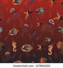 Classical embroidery seamless pattern of tropical sea, fishes. Fashionable template for design of clothes in brown, gray and red colors. Embroidery sea life vector collection. Sea tropical fishes.