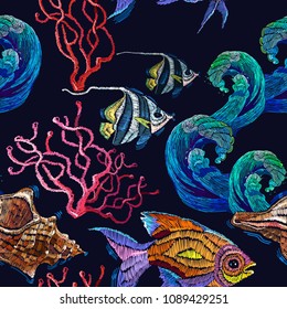 Classical embroidery tropical sea, wave, fishes, corals, shells seamless fashion pattern. Embroidery sea life, sea shells, corals, tropical fishes 