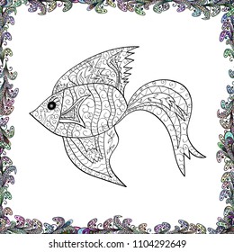 Classical embroidery tropical sea, wave, fishes, corals, seamless fashion pattern. Vector design. Fashionable clothes. Embroidery sea life, sea, corals, clown fish, tropical fishes seamless pattern.