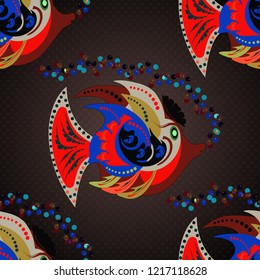 Classical embroidery tropical sea, wave, fishes, corals, seamless fashion pattern. Embroidery tropical fishes vector seamless pattern. Fashionable clothes in pink, red, brown and black colors.