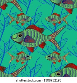 Classical embroidery tropical sea, wave, fishes, corals, seamless fashion pattern. Embroidery sea life, sea, tropical fishes vector seamless pattern. Fashionable clothes in red, blue and green colors.