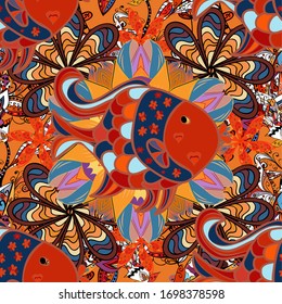 Classical embroidery tropical sea, wave, fishes, corals, seamless fashion pattern. Vector sketch. Embroidery sea life, sea, corals, clown fish, tropical fishes seamless pattern. Fashionable clothes.