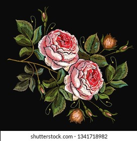 Classical embroidery vintage buds of roses on black background. Template for design of clothes, t-shirt design, tapestry flowers renaissance style 