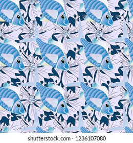 Classical embroidery, violet, green and blue colors. Vector illustration. Embroidery vintage fish, water seamless pattern, japanese pattern. T-shirt design.