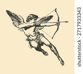 Classical engraving of Cupid drawing a bow, symbolizing love and desire in ancient mythology and vintage illustration art.