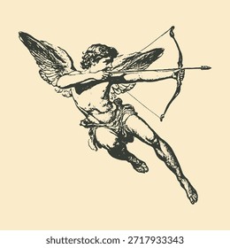 Grabado Clásica de Cupido dibujando un arco, simbolizando el amor y el deseo en la mitología antigua y el arte de la ilustración vintage.
