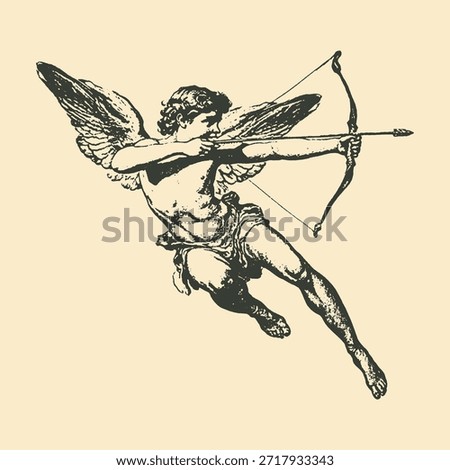 Classical engraving of Cupid drawing a bow, symbolizing love and desire in ancient mythology and vintage illustration art.