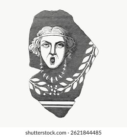 Classical engraving of a dramatic theater mask with laurel leaves. Intricate details highlight the mask's expression. Vintage art with a theatrical theme. Vintage illustration vector.