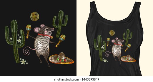 Classical ethnic embroidery mouse in sombrero, mexican style. Trendy apparel design. Template for fashionable clothes, modern print for t-shirts, apparel art