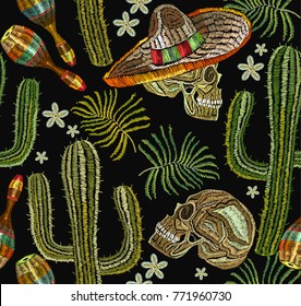 Classical ethnic embroidery skull in sombrero, day of the dead art pattern. Clothes template, t-shirt design. Embroidery mexican culture seamless pattern. Human skull, sombrero, maracas, cactus