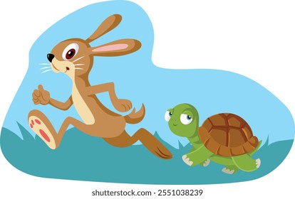 
Classical Fable of the Hare and the Tortoise Vector Cartoon. Story of a rabbit being overtaken by a tortoise in a race
