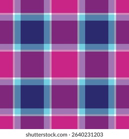 Classical fabric background seamless, summertime tartan plaid pattern. Elementary textile check vector texture in pink and indigo colors palette.