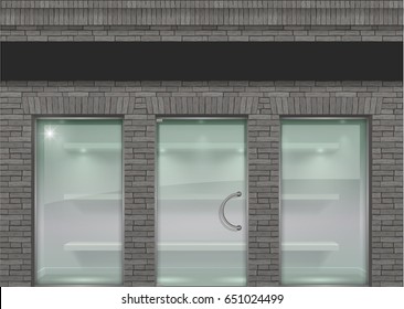 The classical facade is in the loft style of brick with modern showcases of panoramic glass. Wall of a shop, cafe, office. Vector graphics