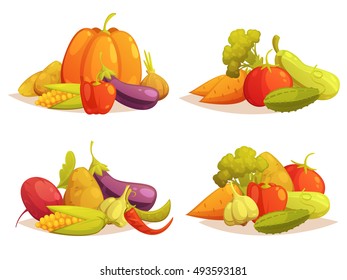 Classical farmers market vegetables compositions 4 retro style icons set with pumpkin and cucumbers isolated vector illustration 