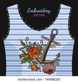 Classical fashionable embroidery vintage anchor, beautiful red bouquets of roses and peonies. Anchor red roses and peonies embroidery. Template for clothes, textile t-shirt design fashion sea art 