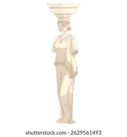 Estátua cariátide feminina clássica em estilo grego antigo, design plano sobre fundo branco. Conceito de arte histórica e arquitetura. Ilustração vetorial