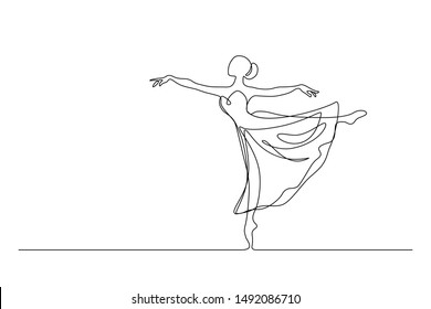 Classical female dancer in continuous line art drawing style. Girl dancing black line sketch on white background. Vector illustration